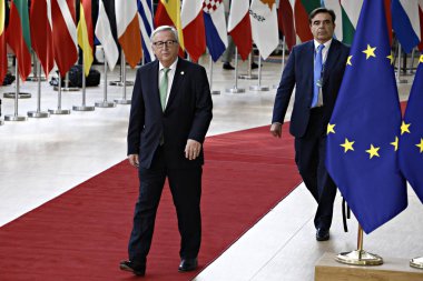 Brüksel, Belçika. 28 Mayıs 2019. Avrupa Komisyonu Başkanı Jean-Claude Juncker, Avrupa Birliği (Ab) zirvesi için Avrupa Birliği Genel Merkezi'ne geldi.