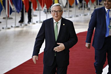 Brüksel, Belçika. 28 Mayıs 2019. Avrupa Komisyonu Başkanı Jean-Claude Juncker, Avrupa Birliği (Ab) zirvesi için Avrupa Birliği Genel Merkezi'ne geldi.