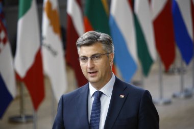 Brüksel, Belçika. 28 Mayıs 2019.Hırvatistan Başbakanı Andrej Plenkoviç Avrupa Birliği (Avrupa Birliği) zirvesi için Avrupa Birliği Genel Merkezi'ne geldi.