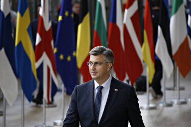 Brüksel, Belçika. 28 Mayıs 2019.Hırvatistan Başbakanı Andrej Plenkoviç Avrupa Birliği (Avrupa Birliği) zirvesi için Avrupa Birliği Genel Merkezi'ne geldi.
