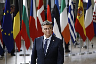 Brüksel, Belçika. 28 Mayıs 2019.Hırvatistan Başbakanı Andrej Plenkoviç Avrupa Birliği (Avrupa Birliği) zirvesi için Avrupa Birliği Genel Merkezi'ne geldi.