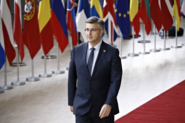 Brüksel, Belçika. 28 Mayıs 2019.Hırvatistan Başbakanı Andrej Plenkoviç Avrupa Birliği (Avrupa Birliği) zirvesi için Avrupa Birliği Genel Merkezi'ne geldi.