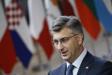 Brüksel, Belçika. 28 Mayıs 2019.Hırvatistan Başbakanı Andrej Plenkoviç Avrupa Birliği (Avrupa Birliği) zirvesi için Avrupa Birliği Genel Merkezi'ne geldi.