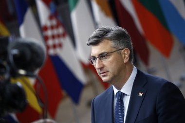 Brüksel, Belçika. 28 Mayıs 2019.Hırvatistan Başbakanı Andrej Plenkoviç Avrupa Birliği (Avrupa Birliği) zirvesi için Avrupa Birliği Genel Merkezi'ne geldi.