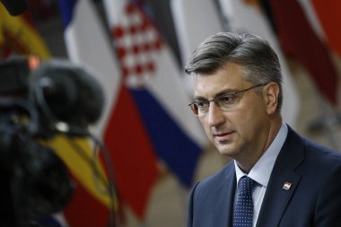 Brüksel, Belçika. 28 Mayıs 2019.Hırvatistan Başbakanı Andrej Plenkoviç Avrupa Birliği (Avrupa Birliği) zirvesi için Avrupa Birliği Genel Merkezi'ne geldi.