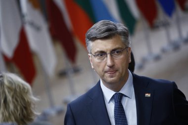 Brüksel, Belçika. 28 Mayıs 2019.Hırvatistan Başbakanı Andrej Plenkoviç Avrupa Birliği (Avrupa Birliği) zirvesi için Avrupa Birliği Genel Merkezi'ne geldi.