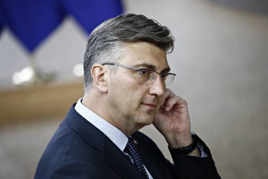 Brüksel, Belçika. 28 Mayıs 2019.Hırvatistan Başbakanı Andrej Plenkoviç Avrupa Birliği (Avrupa Birliği) zirvesi için Avrupa Birliği Genel Merkezi'ne geldi.