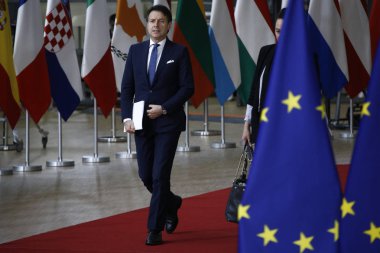 Brüksel, Belçika. 28 Mayıs 2019. İtalya Başbakanı Giuseppe Conte, Avrupa Birliği (Ab) zirvesi için Avrupa Birliği Genel Merkezi'ne geldi.