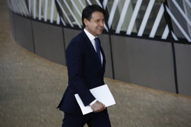 Brüksel, Belçika. 28 Mayıs 2019. İtalya Başbakanı Giuseppe Conte, Avrupa Birliği (Ab) zirvesi için Avrupa Birliği Genel Merkezi'ne geldi.