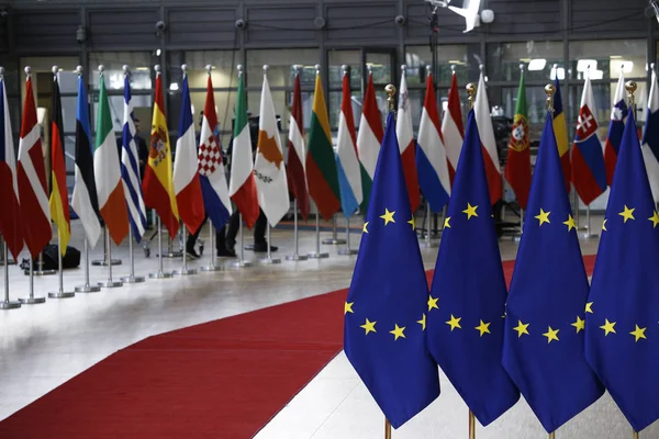 Bruselas Bélgica Mayo 2019 Banderas Construcción Del Consejo Durante Cumbre — Foto de Stock