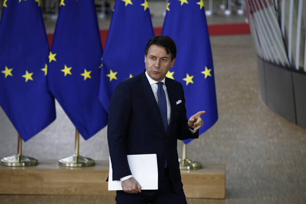 Brussels, Belgium. 28th May 2019. Italian Prime Minister Giuseppe Conte  arrives for a European Union (EU) summit at EU Headquarters.