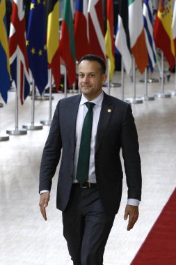 Brüksel, Belçika. 28 Mayıs 2019.İrlanda Başbakanı Leo Varadkar Avrupa Birliği (Ab) zirvesi için Avrupa Birliği Genel Merkezi'ne geldi.