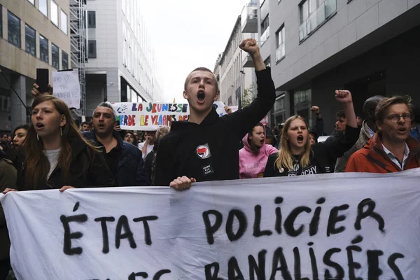 Bruxelas Bélgica Maio 2019 Manifestantes Segurando Sinais Gritando Sloguns Durante — Fotografia de Stock