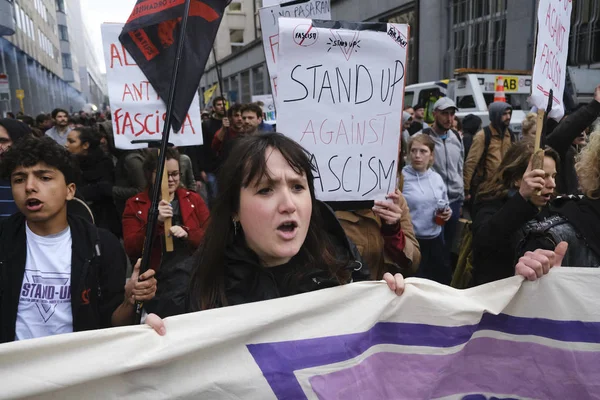 Bruksela Belgia Maja 2019 Protestujących Trzyma Znaki Krzyczy Sloguns Podczas — Zdjęcie stockowe