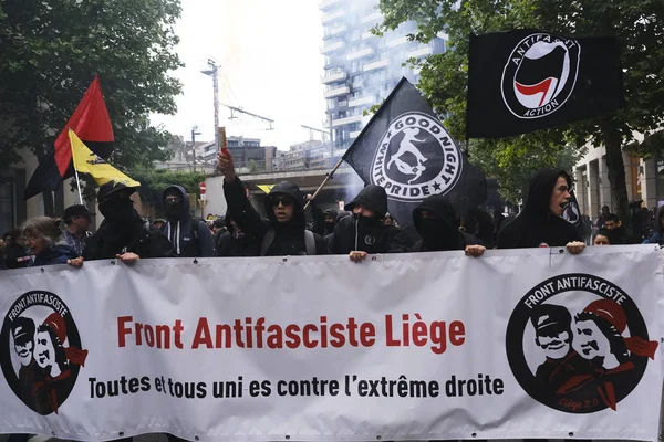 比利时布鲁塞尔 2019年5月28日抗议者高举标语 高喊反对极右和法西斯主义抬头的抗议活动 — 图库照片