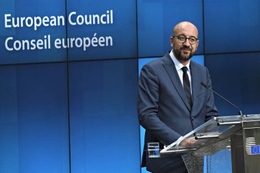 Belçika Başbakanı Charles Michel, 2 Temmuz 2019'da Brüksel'de düzenlenen Avrupa Birliği zirvesinin üçüncü gününde Ab liderlerinin bloğun üst düzey işlerle ilgili anlaşmalarını ardından basın toplantısı düzenledi..