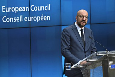 Belçika Başbakanı Charles Michel, 2 Temmuz 2019'da Brüksel'de düzenlenen Avrupa Birliği zirvesinin üçüncü gününde Ab liderlerinin bloğun üst düzey işlerle ilgili anlaşmalarını ardından basın toplantısı düzenledi..