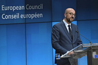 Belçika Başbakanı Charles Michel, 2 Temmuz 2019'da Brüksel'de düzenlenen Avrupa Birliği zirvesinin üçüncü gününde Ab liderlerinin bloğun üst düzey işlerle ilgili anlaşmalarını ardından basın toplantısı düzenledi..