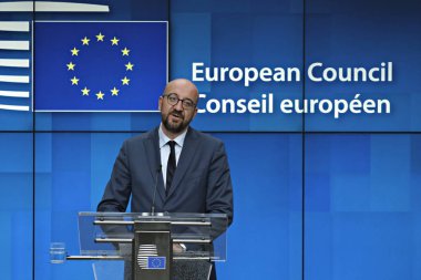 Belçika Başbakanı Charles Michel, 2 Temmuz 2019'da Brüksel'de düzenlenen Avrupa Birliği zirvesinin üçüncü gününde Ab liderlerinin bloğun üst düzey işlerle ilgili anlaşmalarını ardından basın toplantısı düzenledi..