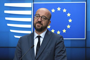Belçika Başbakanı Charles Michel, 2 Temmuz 2019'da Brüksel'de düzenlenen Avrupa Birliği zirvesinin üçüncü gününde Ab liderlerinin bloğun üst düzey işlerle ilgili anlaşmalarını ardından basın toplantısı düzenledi..
