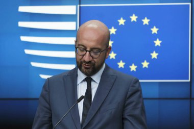 Belçika Başbakanı Charles Michel, 2 Temmuz 2019'da Brüksel'de düzenlenen Avrupa Birliği zirvesinin üçüncü gününde Ab liderlerinin bloğun üst düzey işlerle ilgili anlaşmalarını ardından basın toplantısı düzenledi..