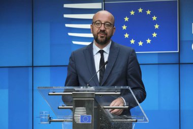 Belçika Başbakanı Charles Michel, 2 Temmuz 2019'da Brüksel'de düzenlenen Avrupa Birliği zirvesinin üçüncü gününde Ab liderlerinin bloğun üst düzey işlerle ilgili anlaşmalarını ardından basın toplantısı düzenledi..
