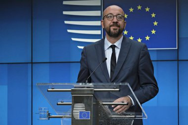 Belçika Başbakanı Charles Michel, 2 Temmuz 2019'da Brüksel'de düzenlenen Avrupa Birliği zirvesinin üçüncü gününde Ab liderlerinin bloğun üst düzey işlerle ilgili anlaşmalarını ardından basın toplantısı düzenledi..