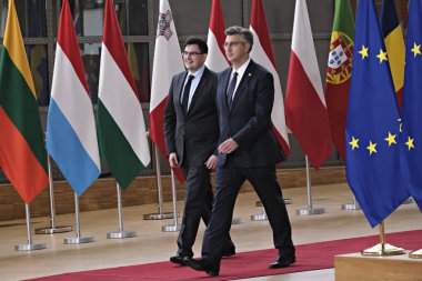 Brüksel, Belçika. 30 Haziran 2019.Hırvatistan Başbakanı Andrej Plenkoviç Avrupa Birliği (Avrupa Birliği) zirvesi için Avrupa Birliği Genel Merkezi'ne geldi.