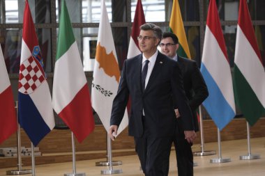 Brüksel, Belçika. 30 Haziran 2019.Hırvatistan Başbakanı Andrej Plenkoviç Avrupa Birliği (Avrupa Birliği) zirvesi için Avrupa Birliği Genel Merkezi'ne geldi.