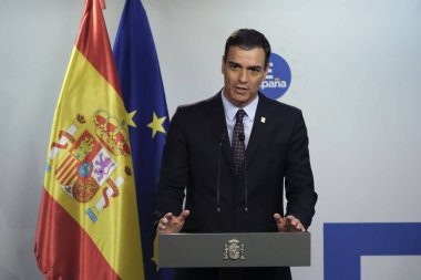 Brüksel, Belçika. 2. Temmuz 2019. İspanya Başbakanı Pedro Sanchez, Avrupa Birliği liderler zirvesinin ardından düzenlediği basın toplantısında konuştu.