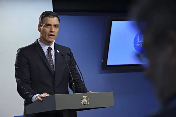 Bruxelas Bélgica Julho 2019 Primeiro Ministro Espanhol Pedro Sanchez Intervém — Fotografia de Stock