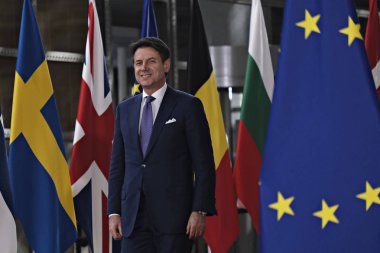 Brüksel, Belçika. 30 Haziran 2019. İtalya Başbakanı Giuseppe Conte, Avrupa Birliği (Ab) zirvesi için Avrupa Birliği Genel Merkezi'ne geldi.