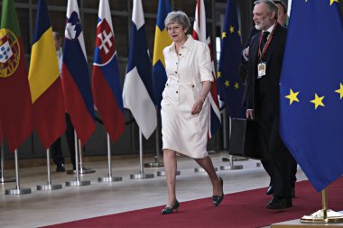Brüksel, Belçika. 30 Haziran 2019. İngiltere Başbakanı Theresa May, Avrupa Birliği (Ab) zirvesi için Avrupa Birliği Genel Merkezi'ne geldi.