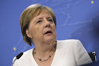 Brüksel, Belçika. 1. Temmuz 2019. Almanya Başbakanı Angela Merkel, Ab zirvesi nin sonunda basın toplantısı düzenledi. 