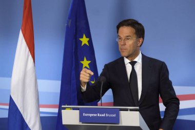 Brüksel, Belçika. 2. Temmuz 2019. Hollanda Başbakanı Mark Rutte, Avrupa Birliği liderler zirvesinin ardından düzenlediği basın toplantısında konuştu.