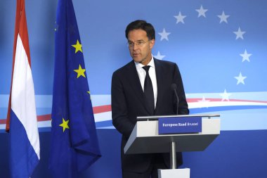 Brüksel, Belçika. 2. Temmuz 2019. Hollanda Başbakanı Mark Rutte, Avrupa Birliği liderler zirvesinin ardından düzenlediği basın toplantısında konuştu.