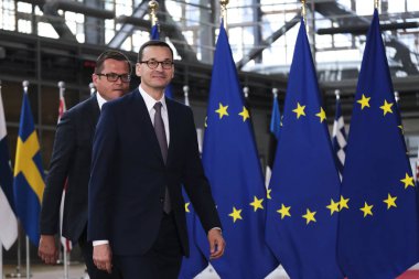 Brüksel, Belçika. 30 Haziran 2019. Polonya Başbakanı Mateusz Morawiecki Avrupa Birliği (Ab) zirvesi için Avrupa Birliği Genel Merkezi'ne geldi.