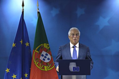 Brüksel, Belçika 2 Temmuz 2019. Portekiz Başbakanı Antonio Costa, Avrupa Birliği liderler zirvesinin sonuçları hakkında basın toplantısı düzenledi