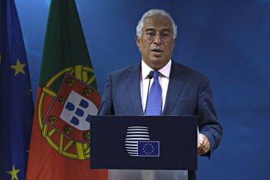 Brüksel, Belçika 2 Temmuz 2019. Portekiz Başbakanı Antonio Costa, Avrupa Birliği liderler zirvesinin sonuçları hakkında basın toplantısı düzenledi