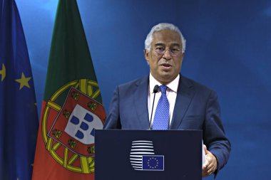 Brüksel, Belçika 2 Temmuz 2019. Portekiz Başbakanı Antonio Costa, Avrupa Birliği liderler zirvesinin sonuçları hakkında basın toplantısı düzenledi