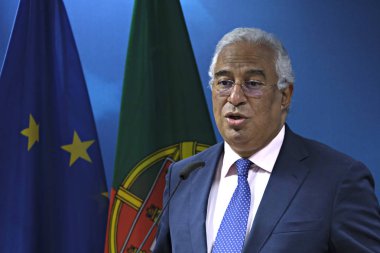 Brüksel, Belçika 2 Temmuz 2019. Portekiz Başbakanı Antonio Costa, Avrupa Birliği liderler zirvesinin sonuçları hakkında basın toplantısı düzenledi