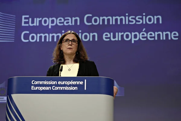 Conferencia de prensa de la Comisaria de la UE Cecilia MALMSTROM sobre los Estados Unidos — Foto de Stock