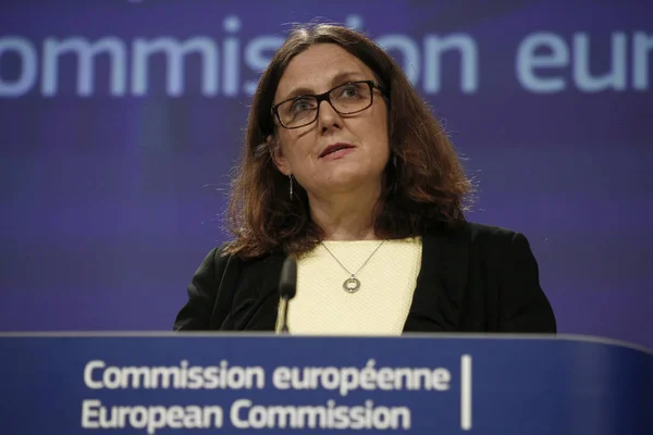 Tisková konference komisaře EU Cecilie Malmstrostrom na USA — Stock fotografie