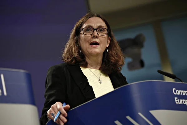 Conferencia de prensa de la Comisaria de la UE Cecilia MALMSTROM sobre los Estados Unidos — Foto de Stock