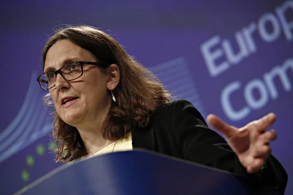 Tisková konference komisaře EU Cecilie Malmstrostrom na USA — Stock fotografie