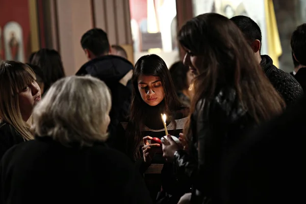 Orthodox Christian Worshiper Holds Candles Easter Vigil Mass Cathedral Archangels — Stock Photo, Image