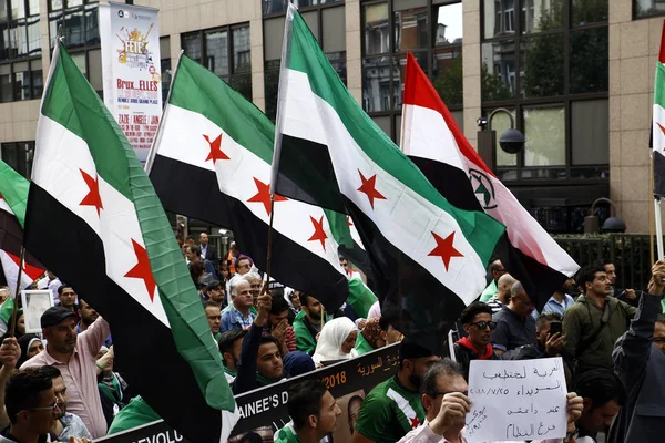 Pessoas Acenam Bandeiras Sírias Gritam Slogans Durante Protesto Contra Presidente — Fotografia de Stock