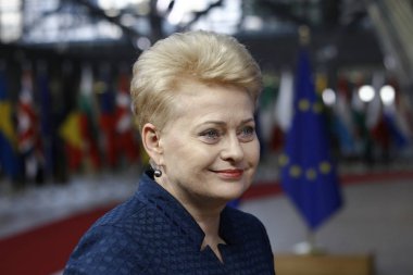 Brüksel, Belçika. 17. Eki 2018 . Litvanya Cumhurbaşkanı, Dalia Grybauskaite Avrupa Birliği liderleri ile bir toplantı için geldi.