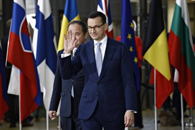 Brüksel, Belçika. 17. Eki 2018 . Polonya Başbakanı Mateusz Morawiecki Avrupa Birliği liderleriyle bir toplantı için geldi.