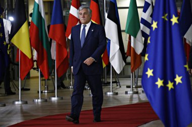 Brüksel, Belçika. 17. Eki 2018 . Avrupa Parlamentosu Başkanı Antonio Tajani, Avrupa Birliği liderleriyle bir toplantı için geldi.